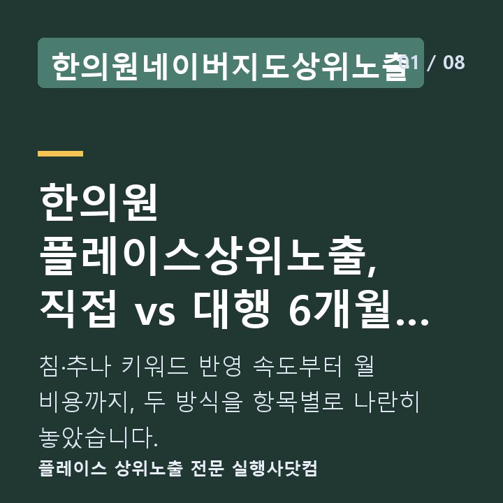 한의원네이버지도상위노출 한의원 플레이스상위노출, 직접 vs 대행 6개월 비교 — 침·추나 키워드 반영 속도부터 월 비용까지, 두 방식을 항목별로 나란히 놓았습니다.