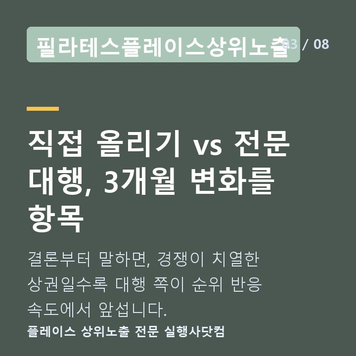 필라테스플레이스상위노출 직접 올리기 vs 전문 대행, 3개월 변화를 항목 — 결론부터 말하면, 경쟁이 치열한 상권일수록 대행 쪽이 순위 반응 속도에서 앞섭니다.